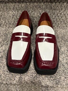 GH Bass Women’s Two-Tone Burgundy and White Leather Penny Loafers
